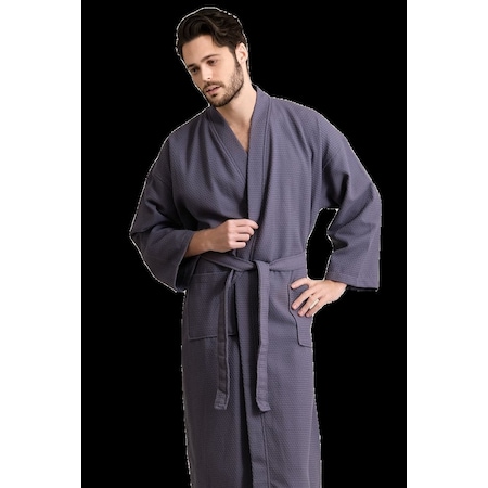 Unisex Men's Waffle Weave Stone Gray Bathrobe One Size